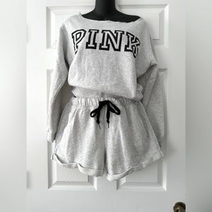 PINK lounge set - fleece crop sweatshirt and shorts - Grey - Medium - SUPER CUTE
